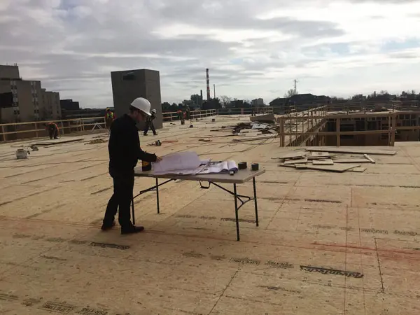 Architect examining plans on rooftop construction