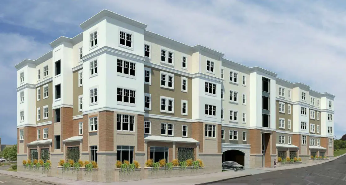 Modern apartment building with large windows