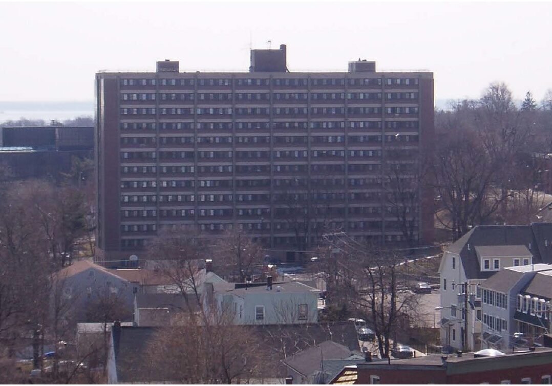 Residential area with large brick building