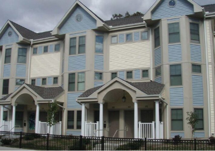 Modern townhouses with white trim