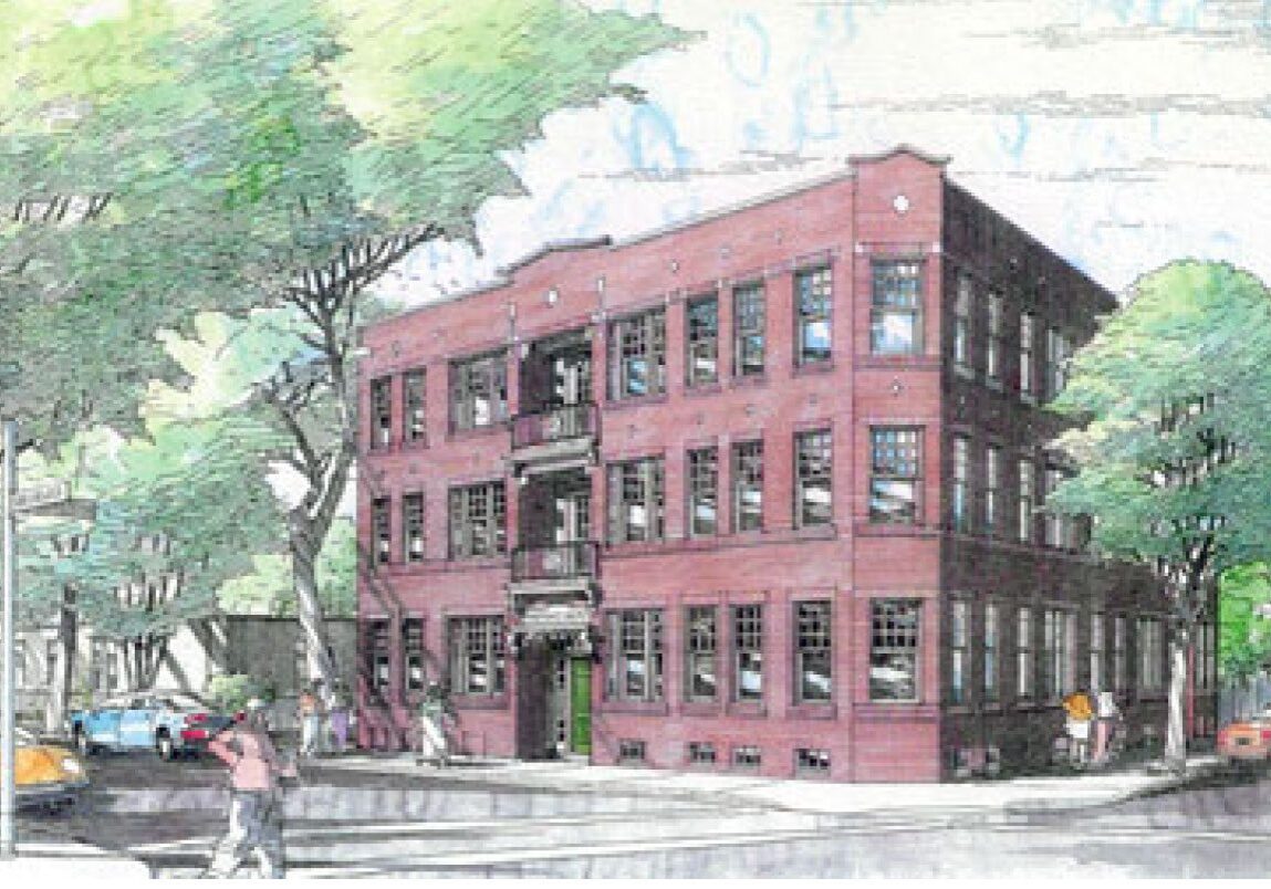 Urban sketch of a three-story building